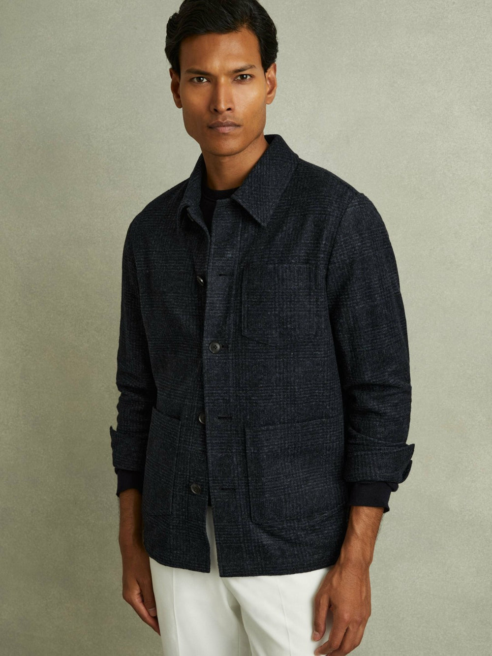 Men Checked Button Through Worker Jacket in Navy Melange