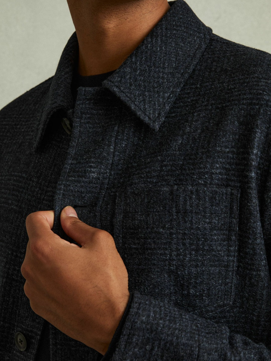 Men Checked Button Through Worker Jacket in Navy Melange