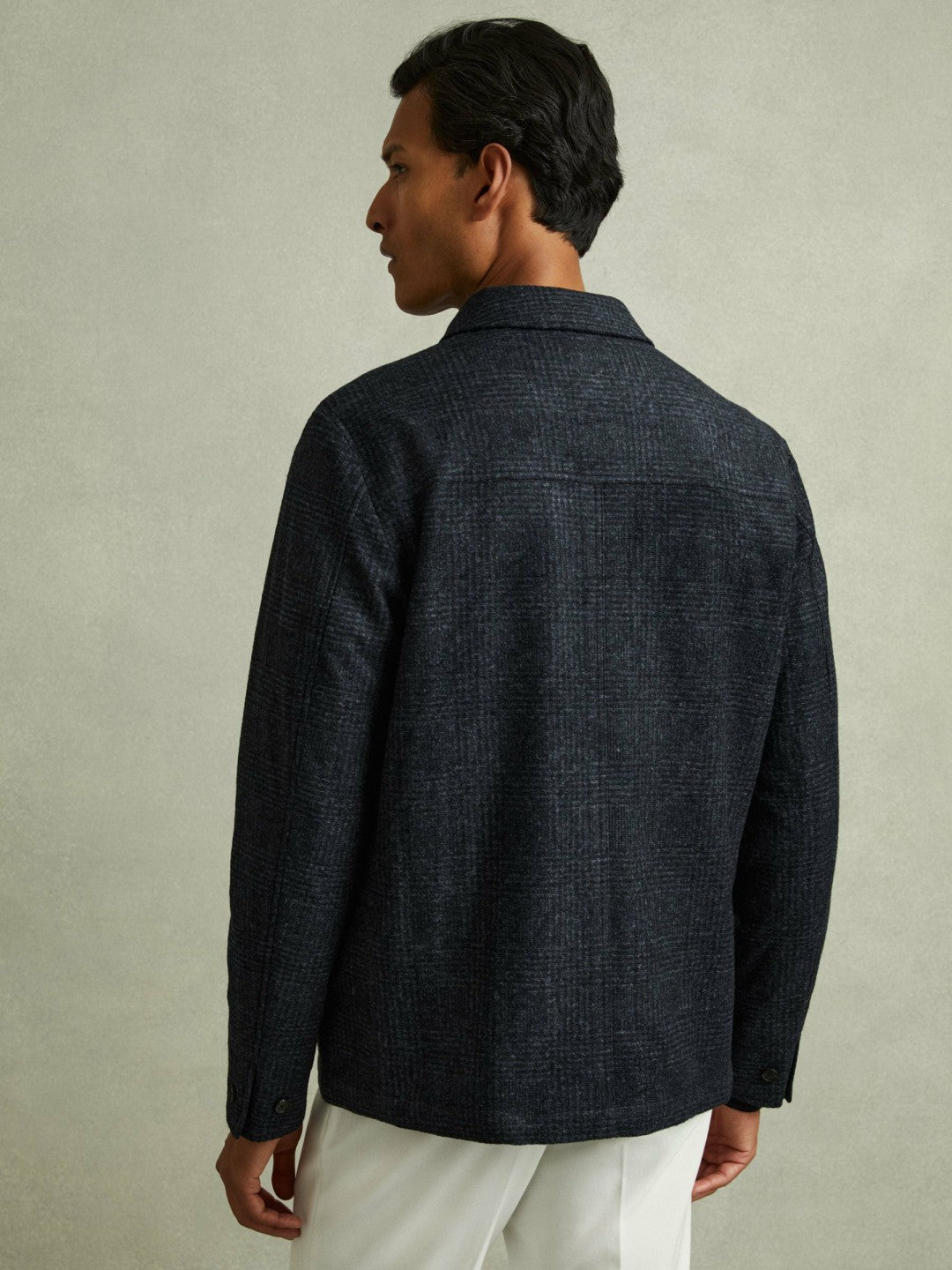 Men Checked Button Through Worker Jacket in Navy Melange