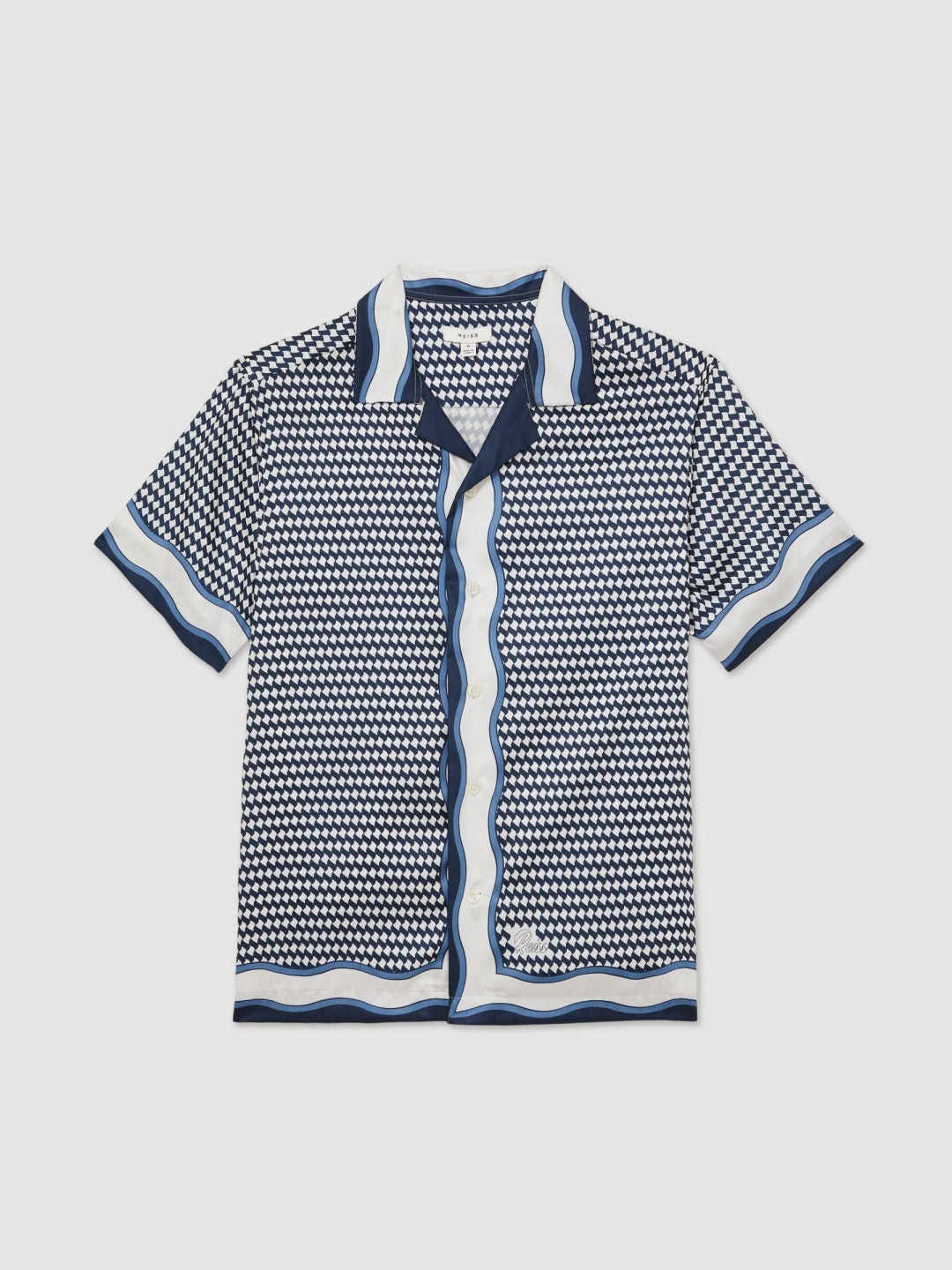 Men Geometric-Print Cuban-Collar Shirt in White/Navy