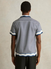 Men Geometric-Print Cuban-Collar Shirt in White/Navy