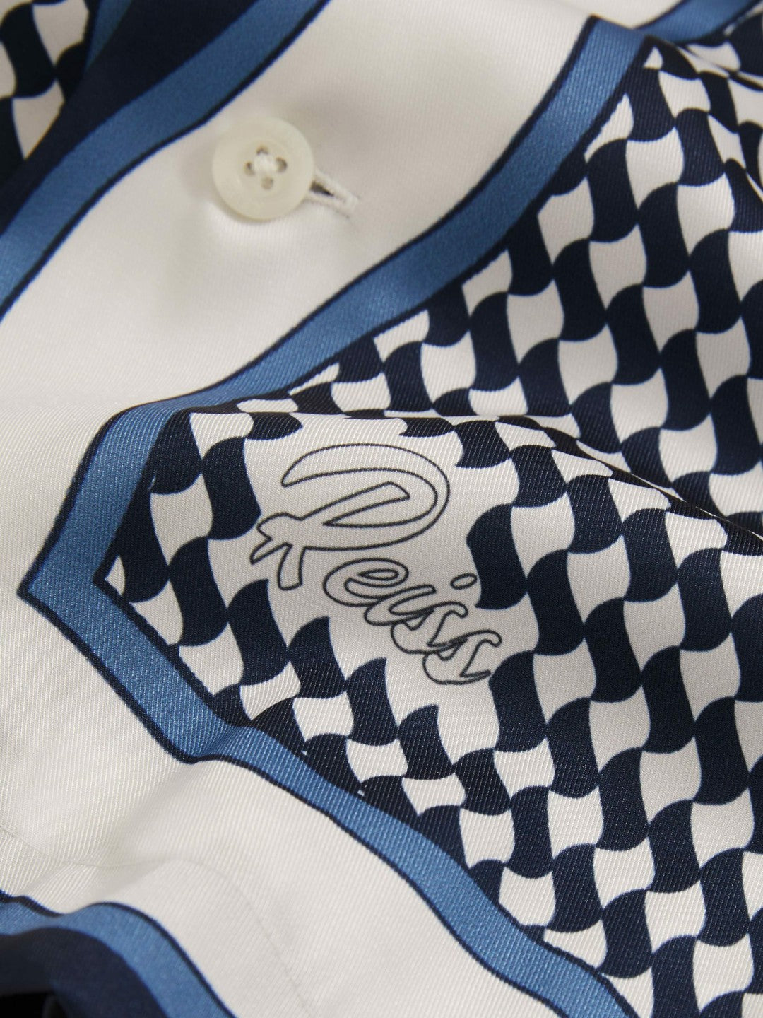 Men Geometric-Print Cuban-Collar Shirt in White/Navy