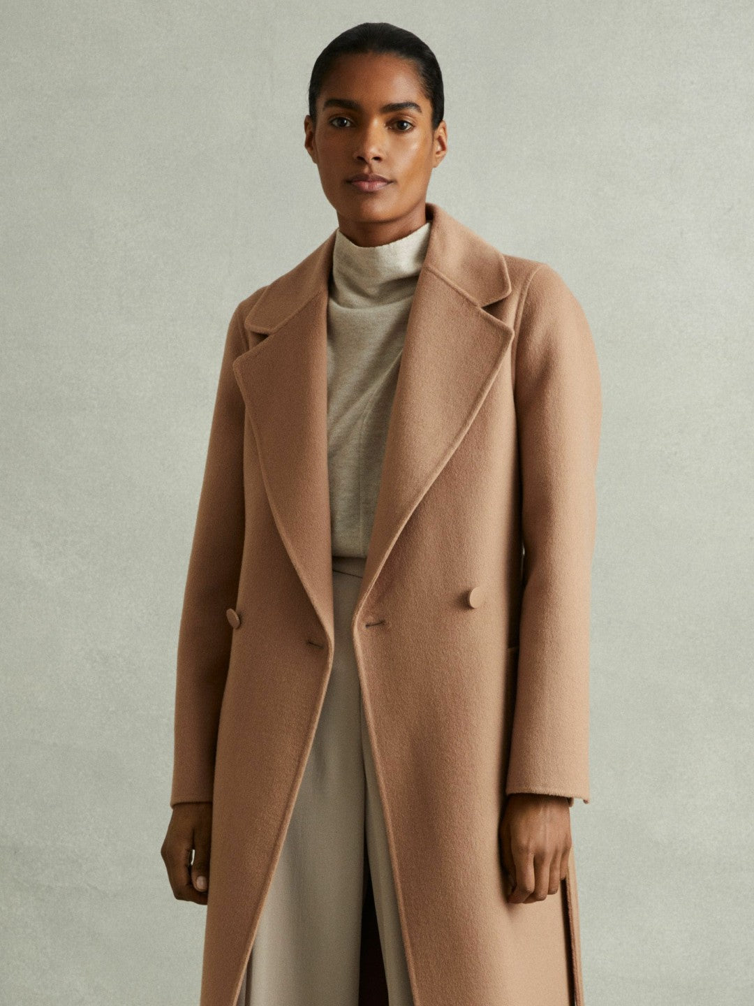 Women Petite Wool Blend Double Breasted Blindseam Coat in Light Camel