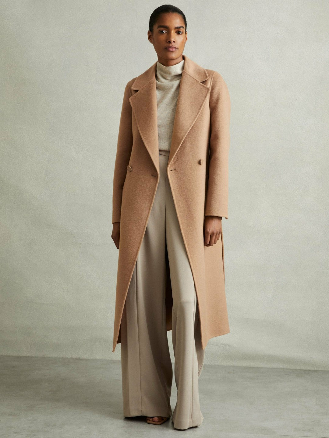 Women Petite Wool Blend Double Breasted Blindseam Coat in Light Camel