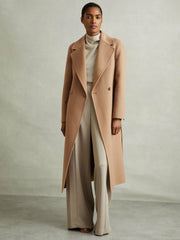 Women Petite Wool Blend Double Breasted Blindseam Coat in Light Camel