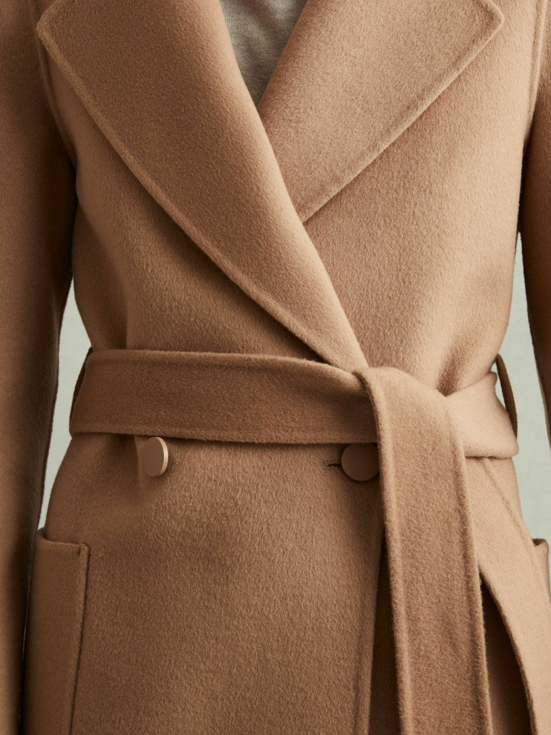 Women Petite Wool Blend Double Breasted Blindseam Coat in Light Camel