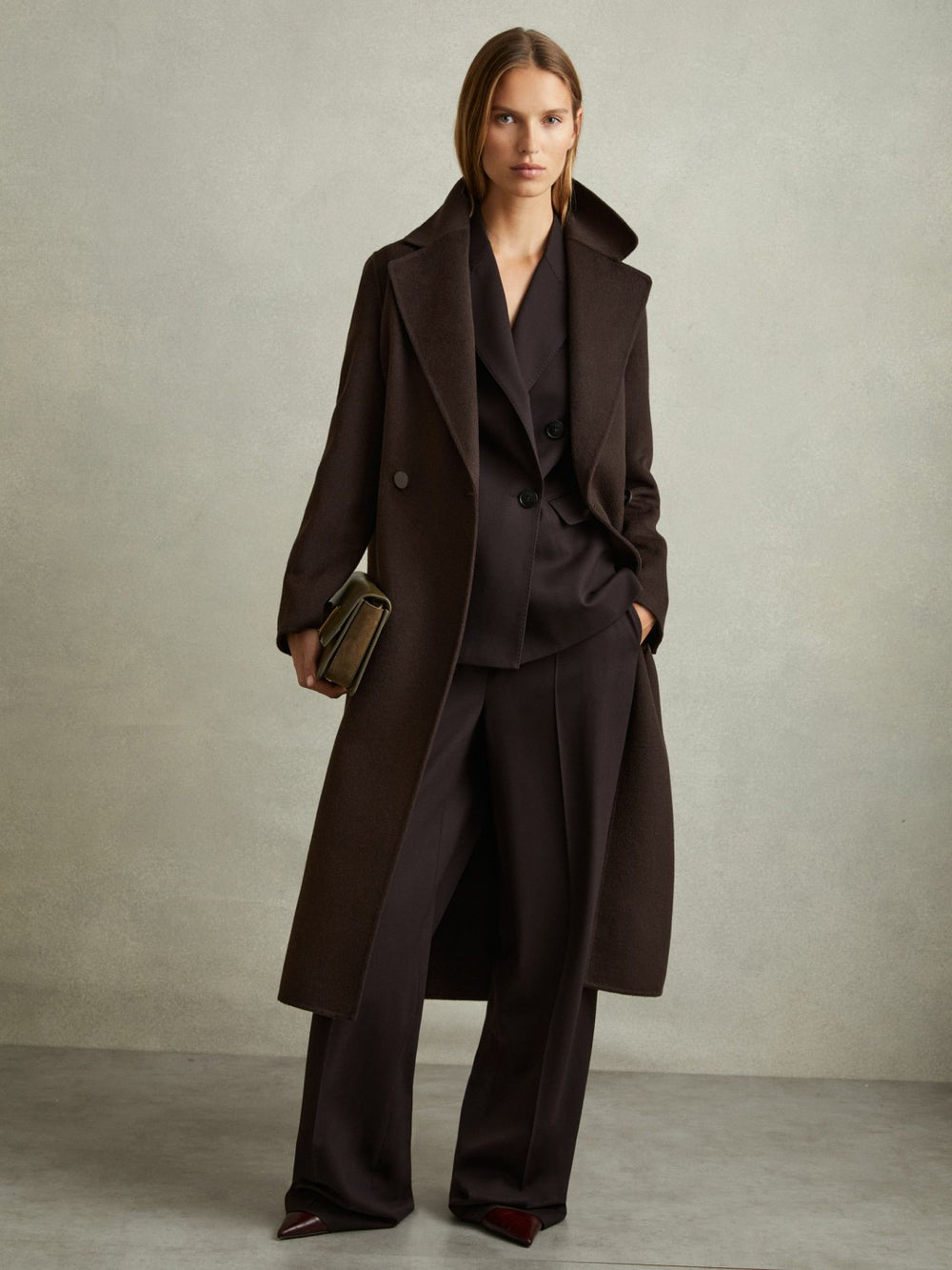 Women Wool Blend Double Breasted Blindseam Coat in Chocolate