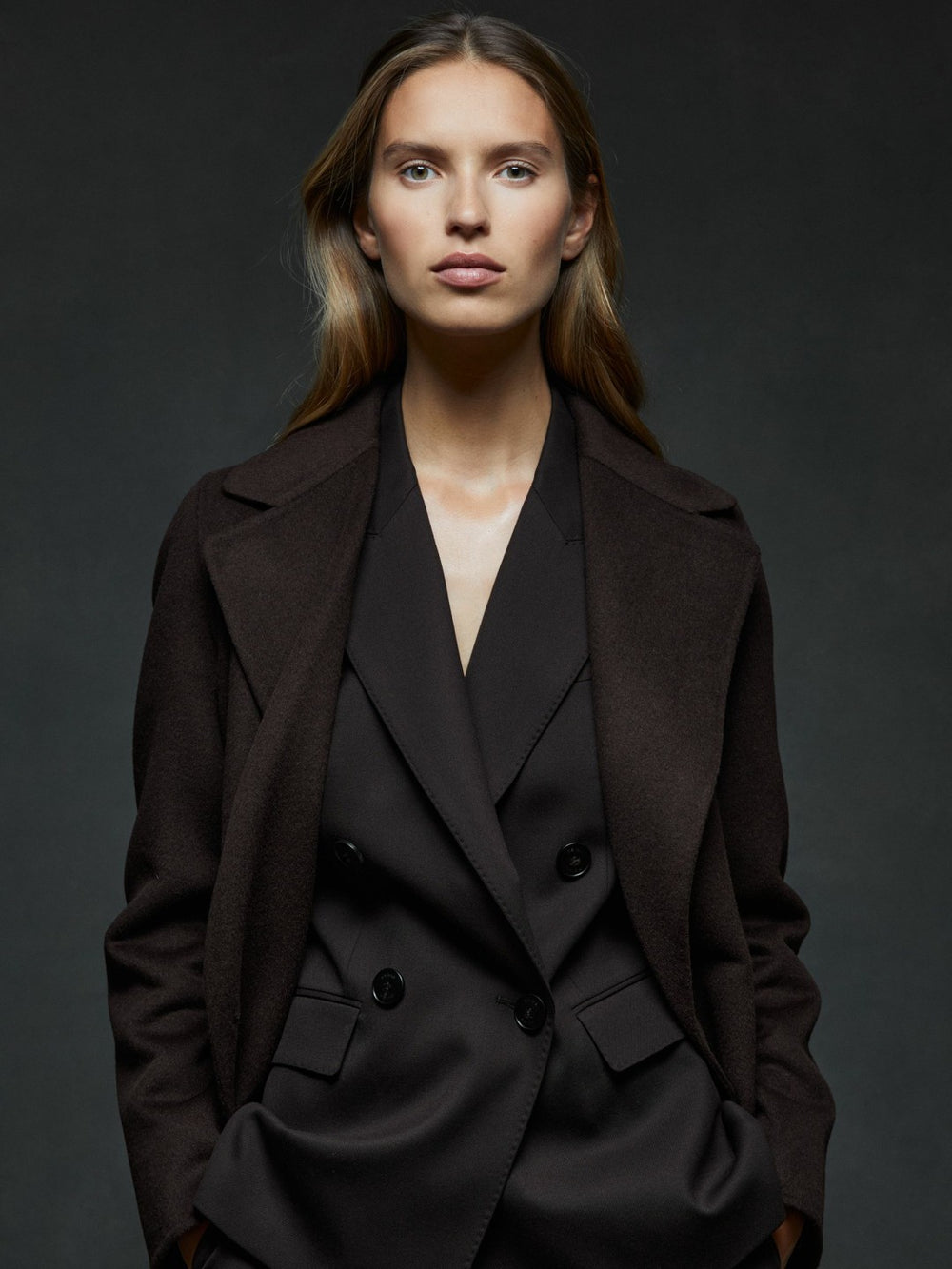 Women Wool Blend Double Breasted Blindseam Coat in Chocolate