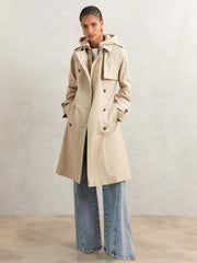 Women Hooded Insert Trench Coat in Stone