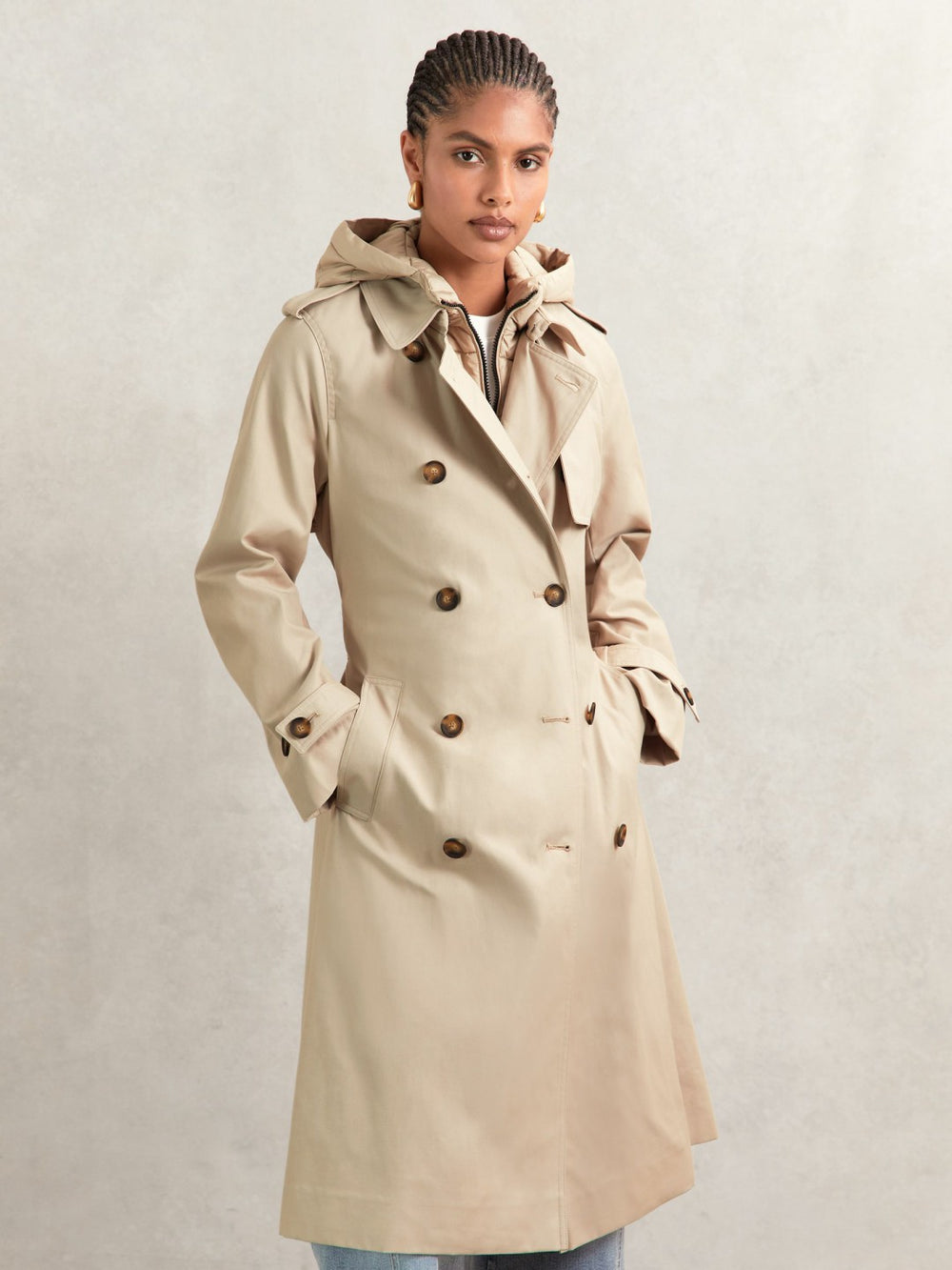 Women Hooded Insert Trench Coat in Stone