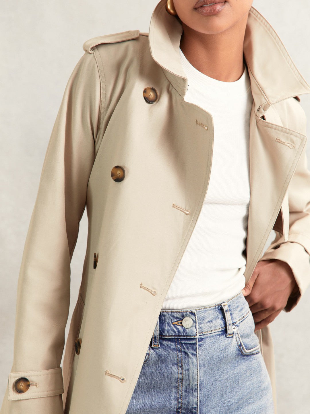 Women Hooded Insert Trench Coat in Stone