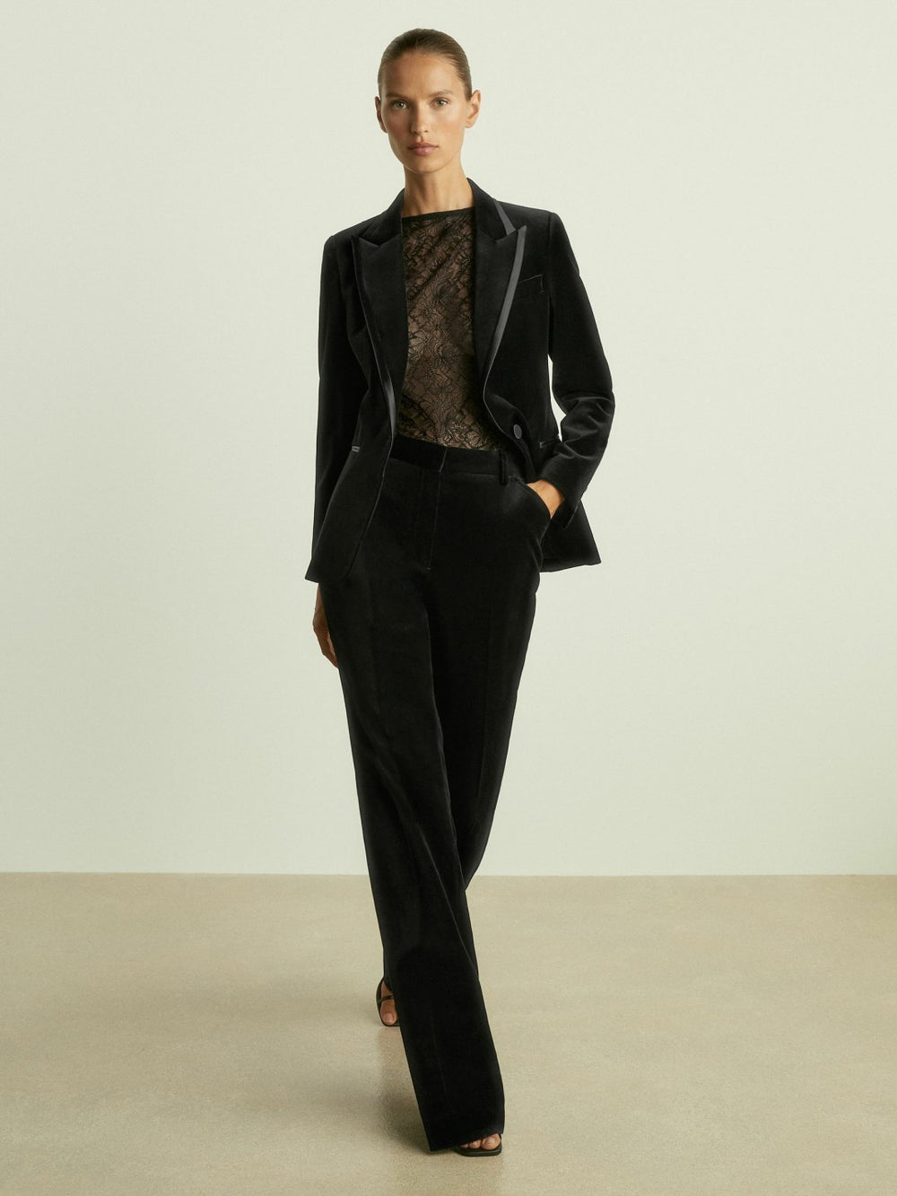 Women Velvet Flared Suit Trousers in Black