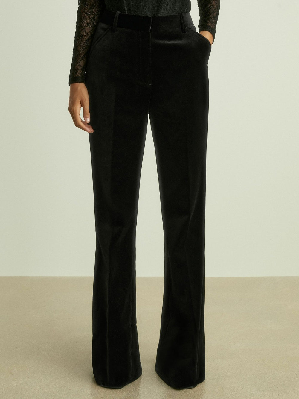 Women Velvet Flared Suit Trousers in Black