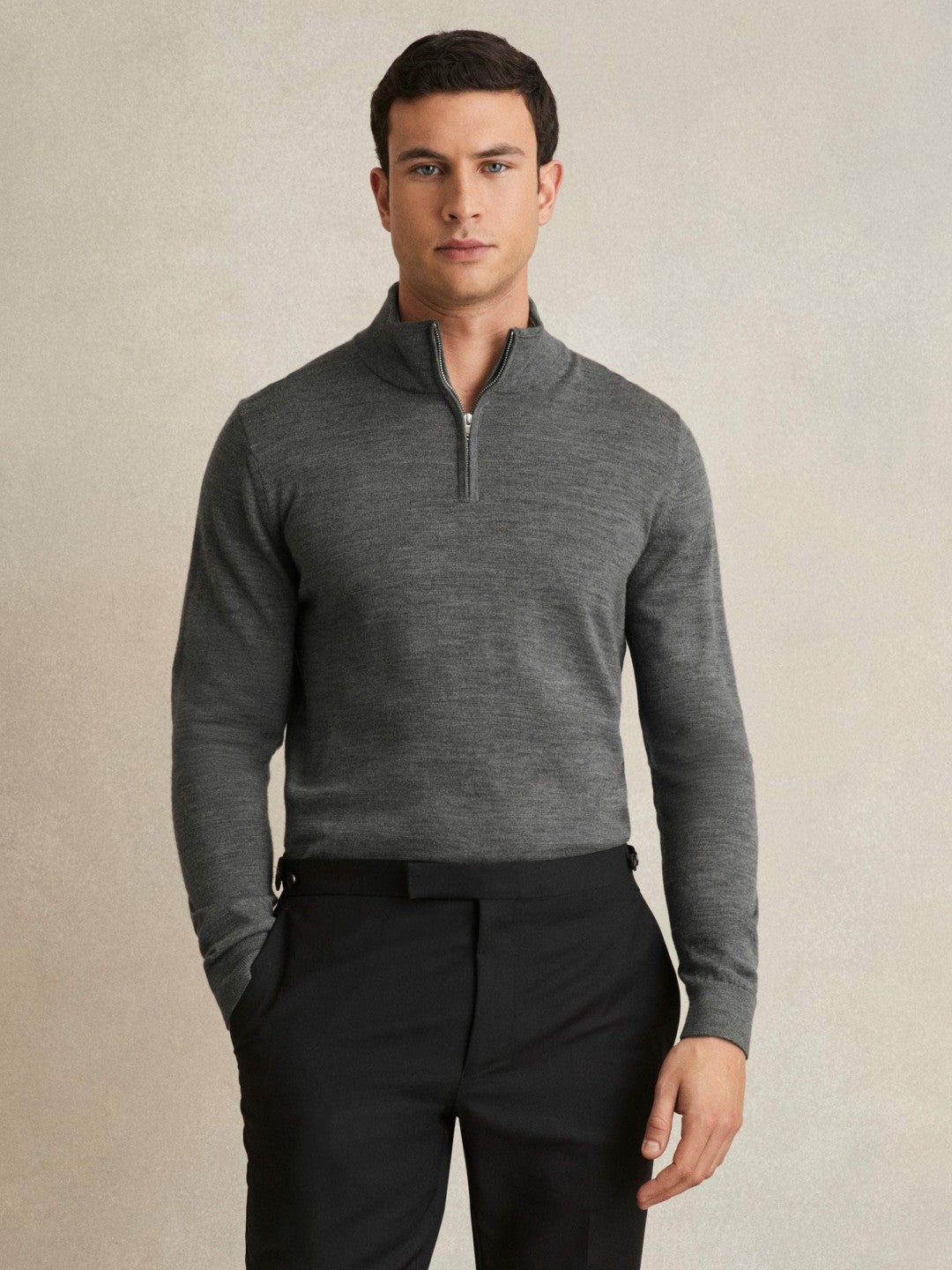 Men Merino Wool Half-Zip Jumper in Derby Grey Marl