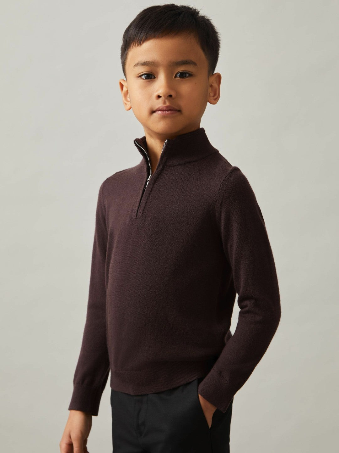 Children & Baby 3-9 yrs Merino Wool Half-Zip Funnel Neck Jumper in Dark Bordeaux