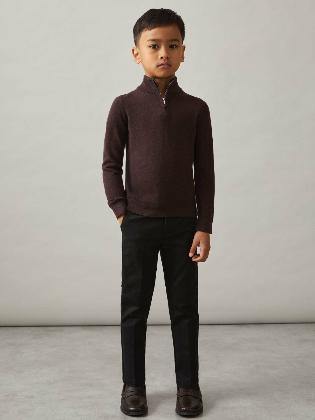 Children & Baby 3-9 yrs Merino Wool Half-Zip Funnel Neck Jumper in Dark Bordeaux