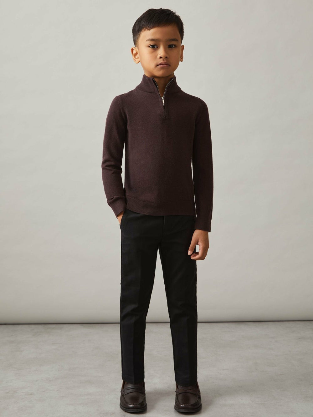 Children & Baby 3-9 yrs Merino Wool Half-Zip Funnel Neck Jumper in Dark Bordeaux