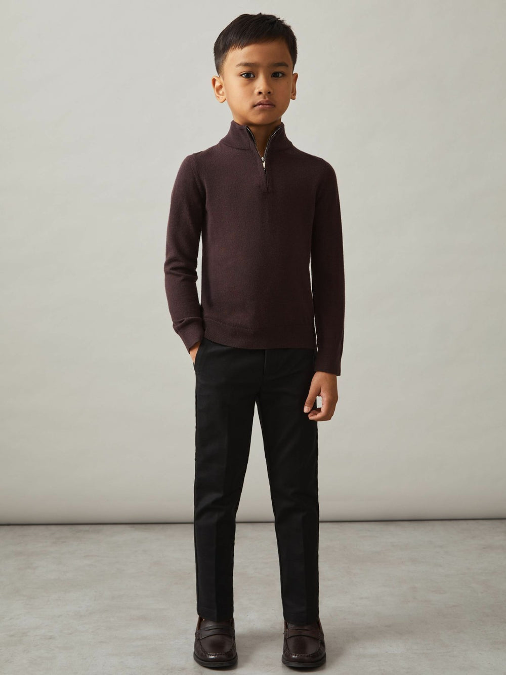 Children & Baby 9-13 yrs Merino Wool Half-Zip Funnel Neck Jumper in Dark Bordeaux