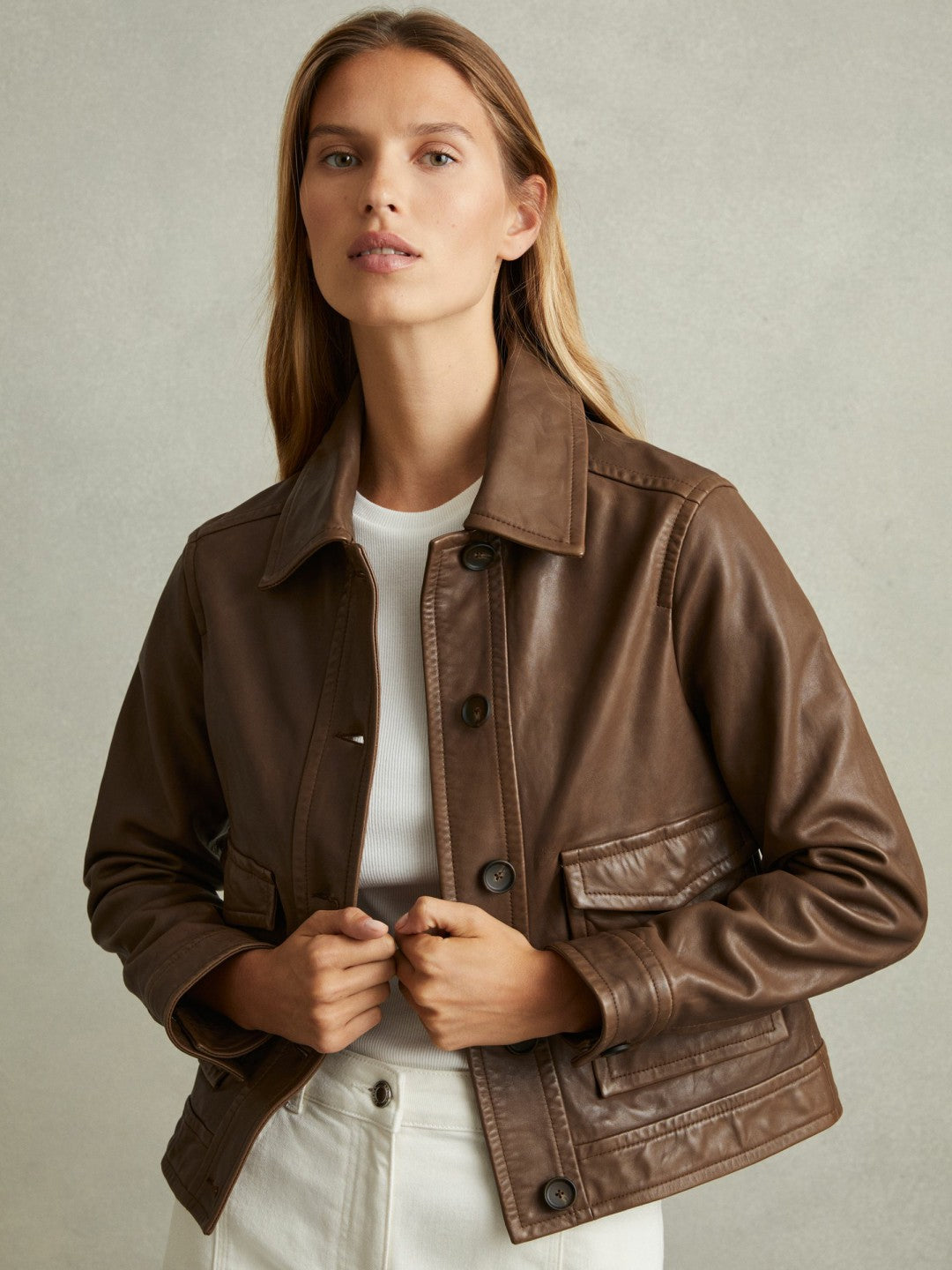Women Leather Trucker Jacket in Chocolate