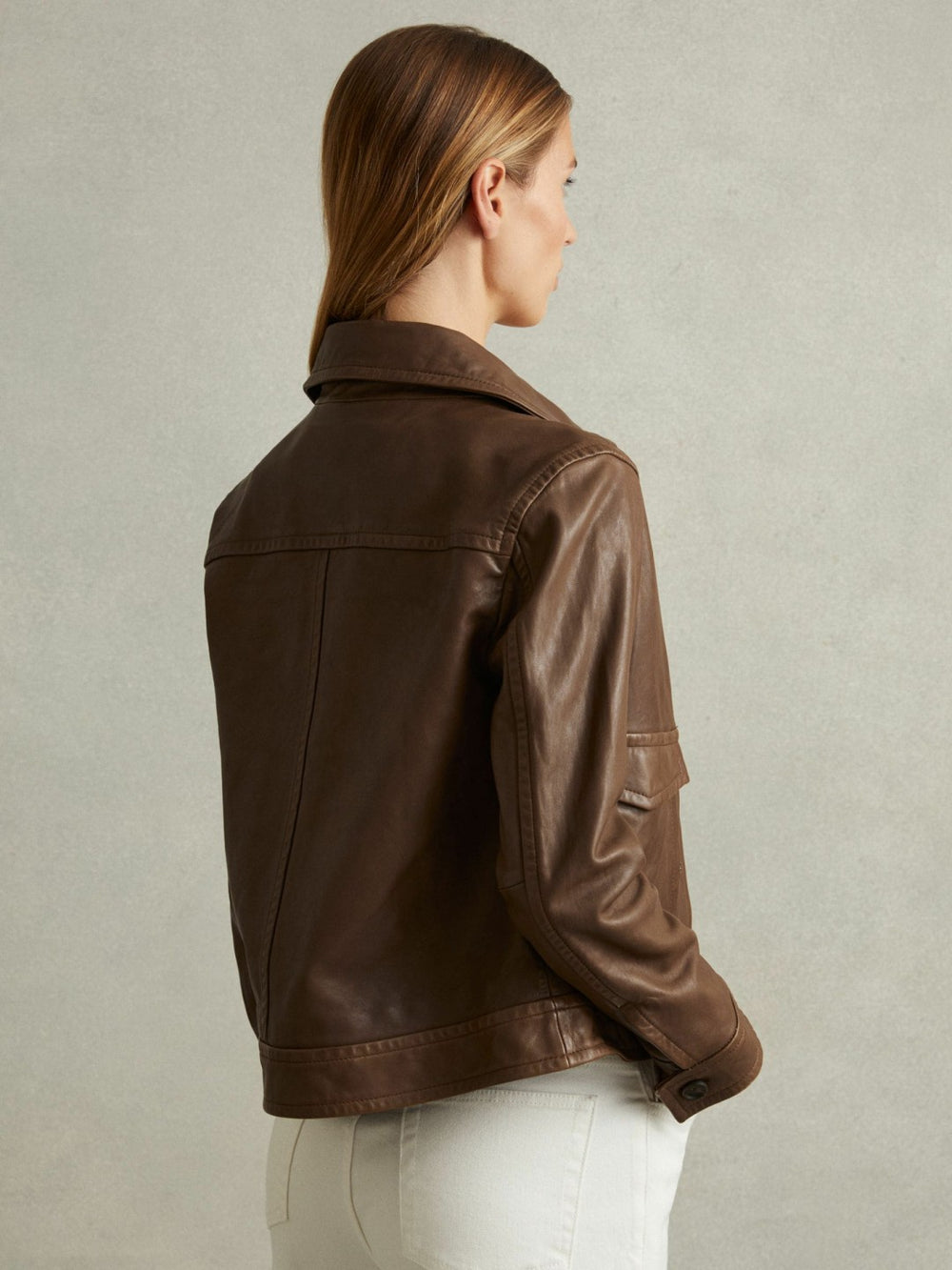 Women Leather Trucker Jacket in Chocolate