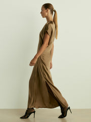Women Satin Short-Sleeve Midi Dress in Khaki