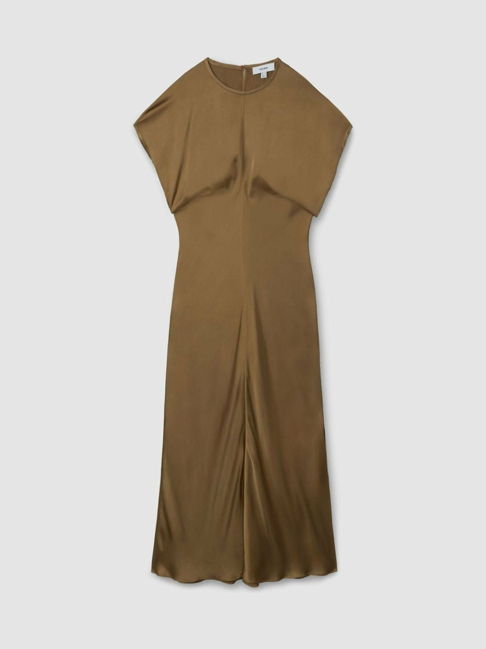 Women Satin Short-Sleeve Midi Dress in Khaki