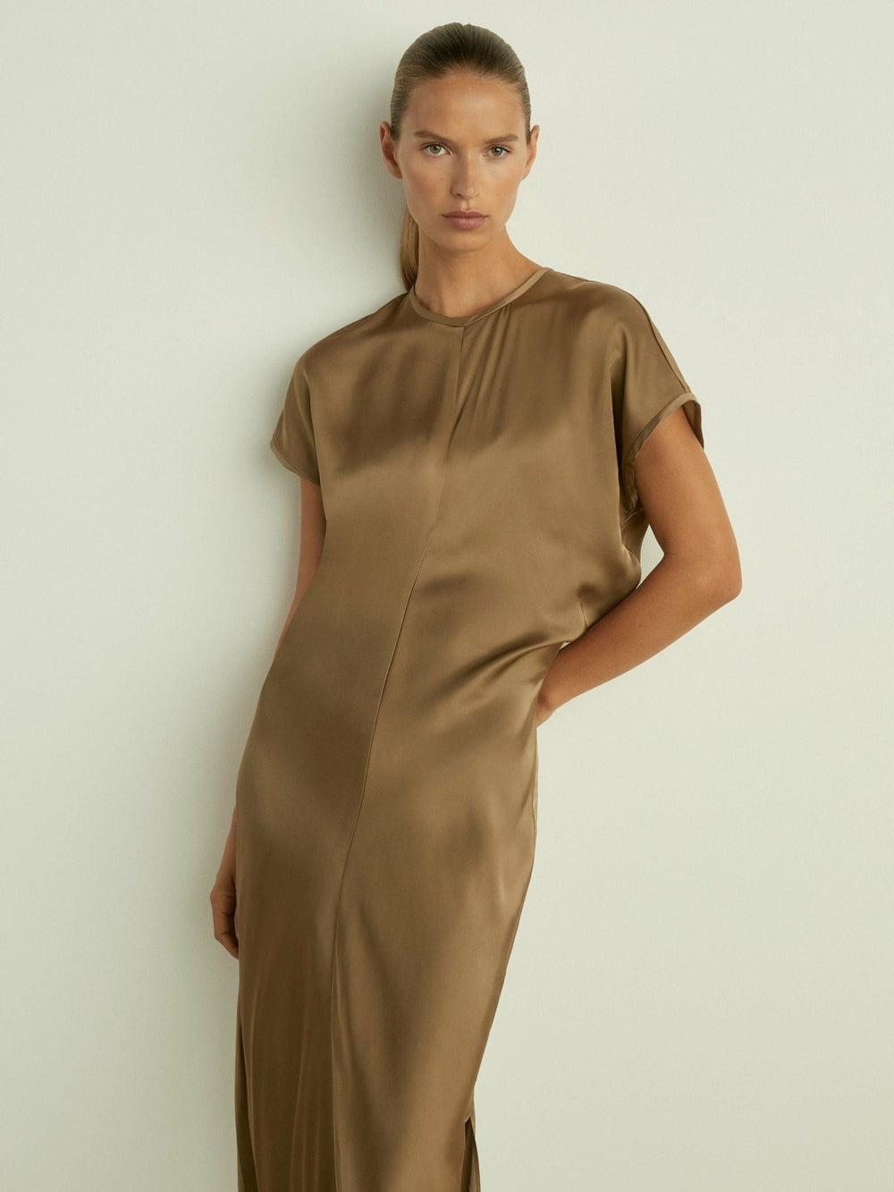 Women Satin Short-Sleeve Midi Dress in Khaki