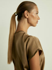 Women Satin Short-Sleeve Midi Dress in Khaki