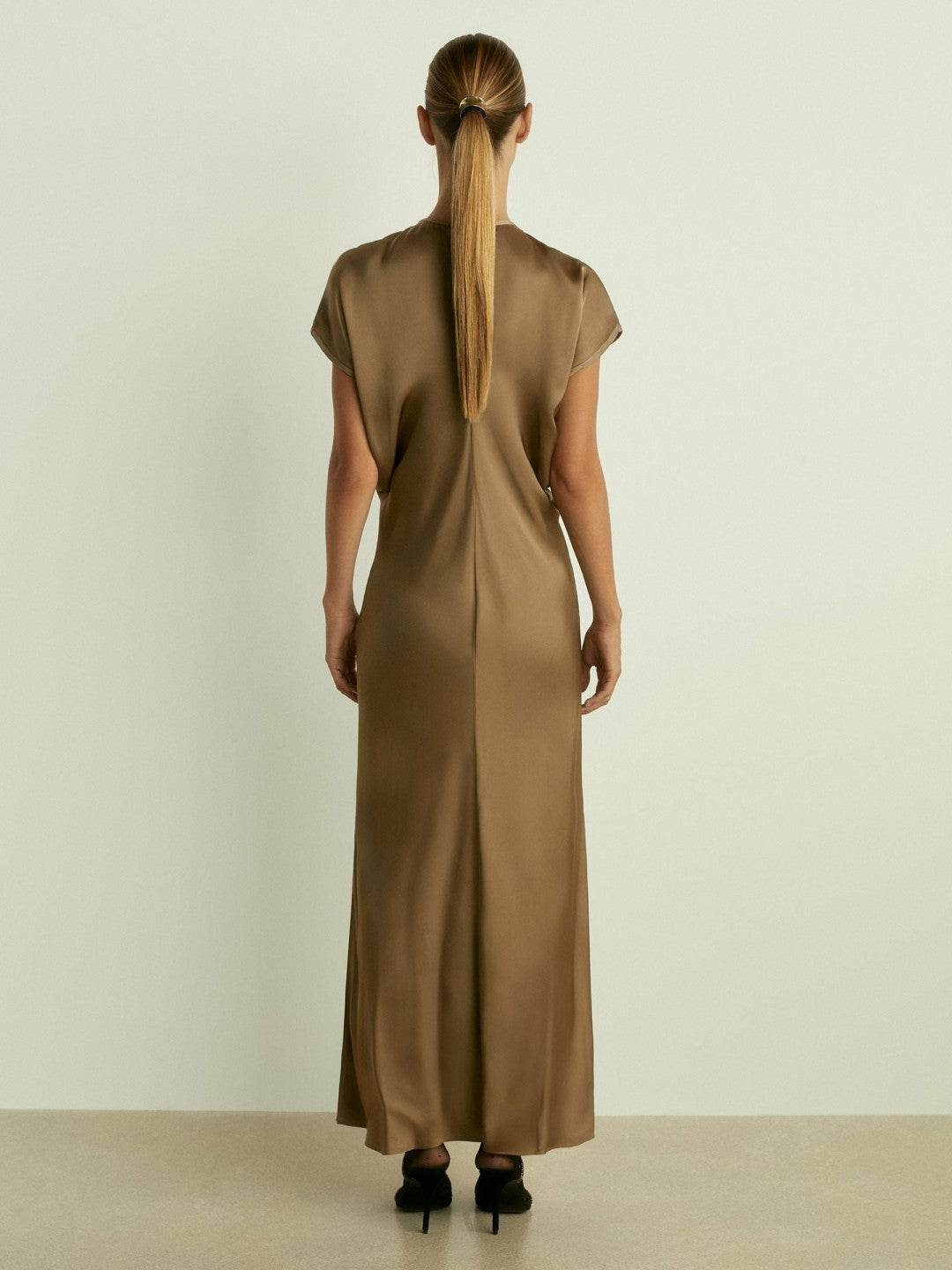 Women Satin Short-Sleeve Midi Dress in Khaki