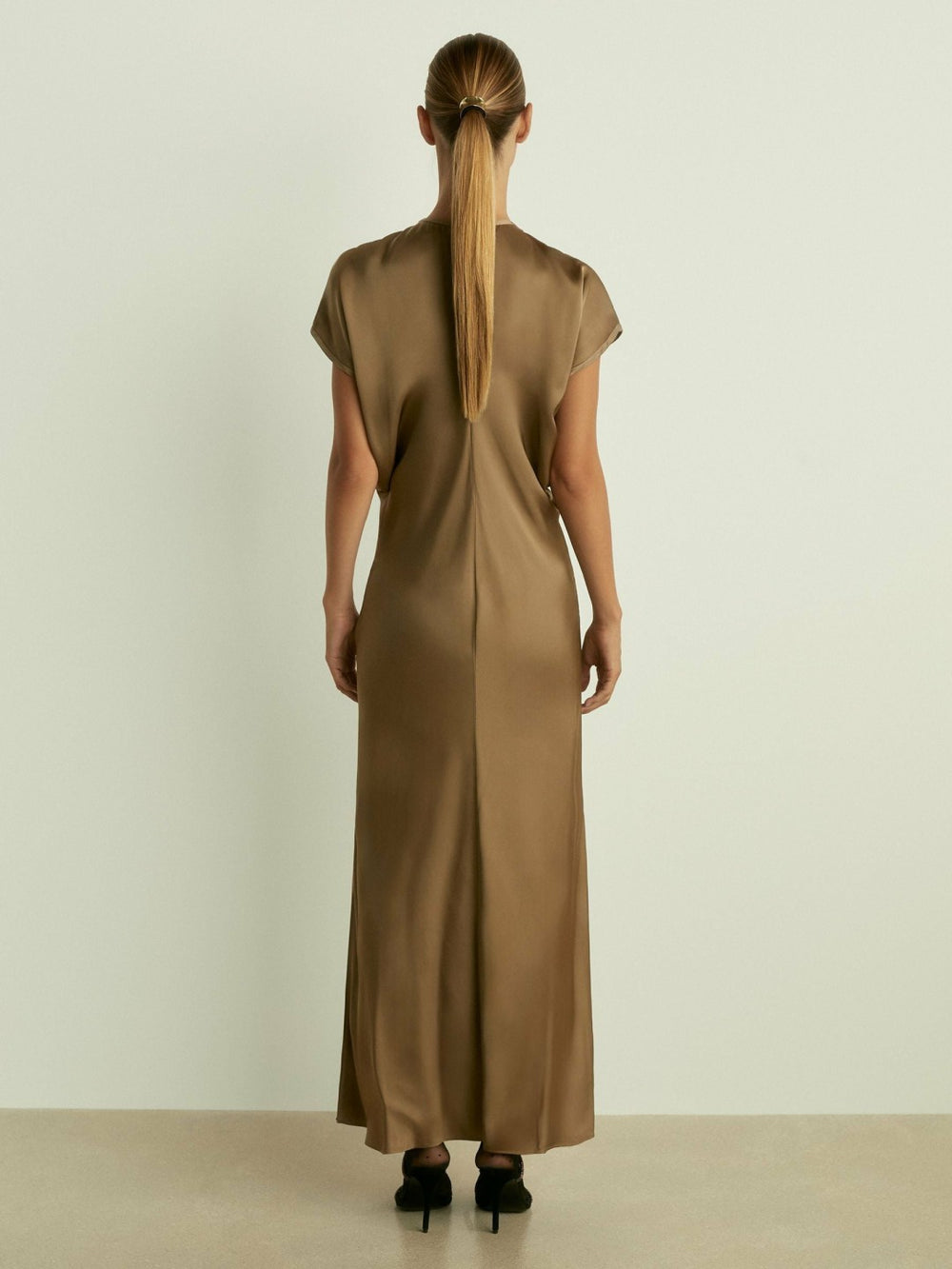 Women Satin Short-Sleeve Midi Dress in Khaki