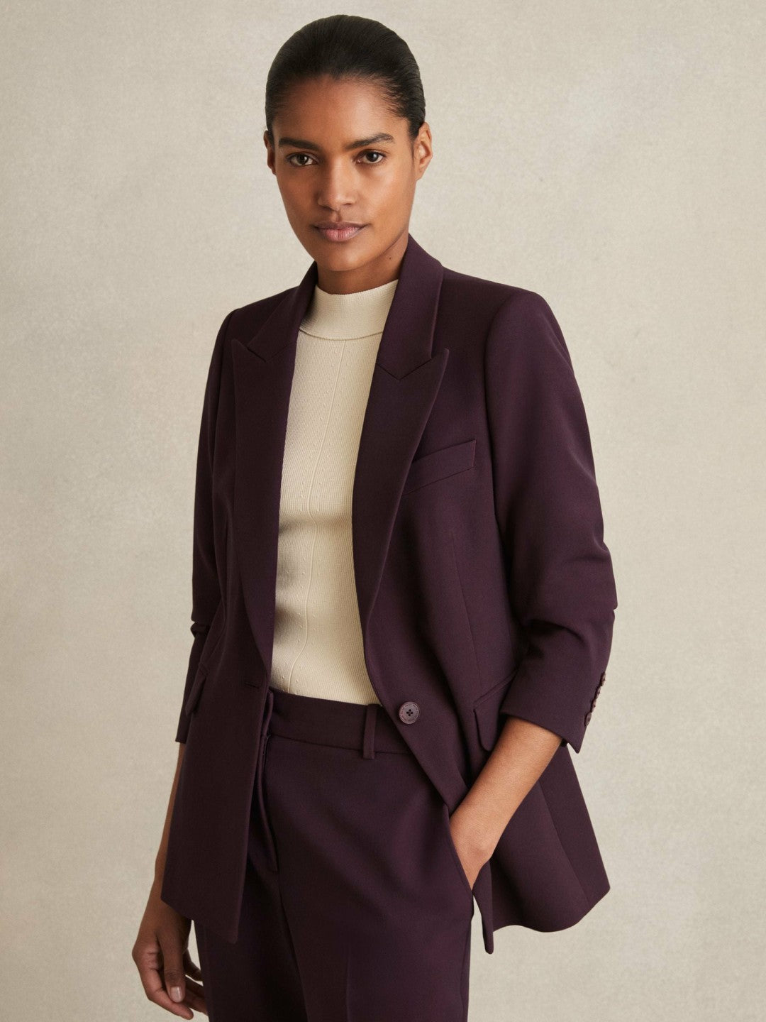 Women Petite Tailored Single Breasted Suit Blazer in Berry