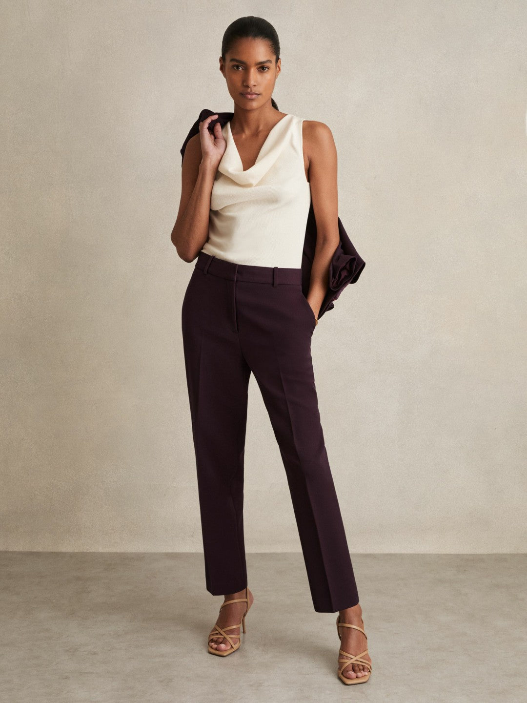 Women Petite Slim Fit Suit Trousers in Berry
