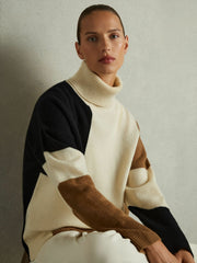 Women Wool-Cashmere Colourblock-Intarsia Jumper in Cream/Brown