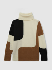 Women Wool-Cashmere Colourblock-Intarsia Jumper in Cream/Brown