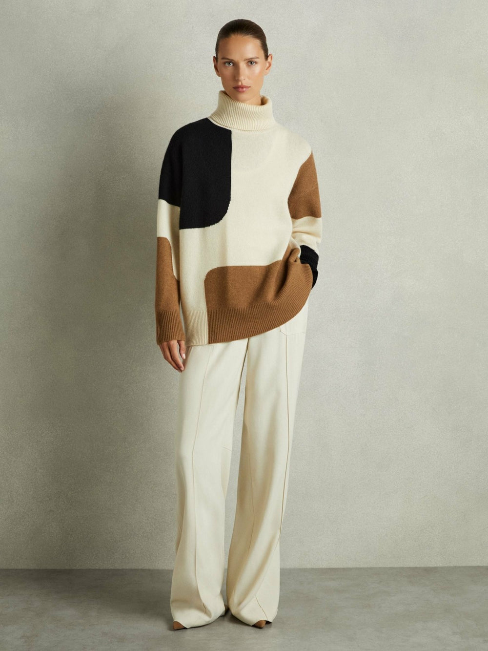 Women Wool-Cashmere Colourblock-Intarsia Jumper in Cream/Brown