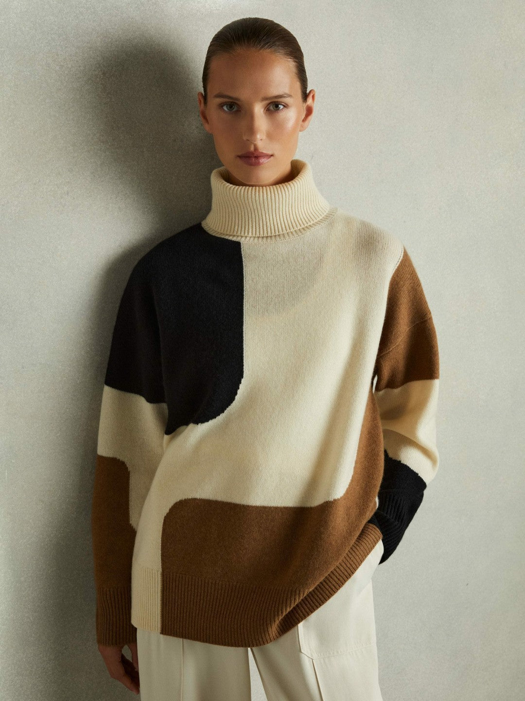 Women Wool-Cashmere Colourblock-Intarsia Jumper in Cream/Brown