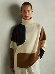 Women Wool-Cashmere Colourblock-Intarsia Jumper in Cream/Brown