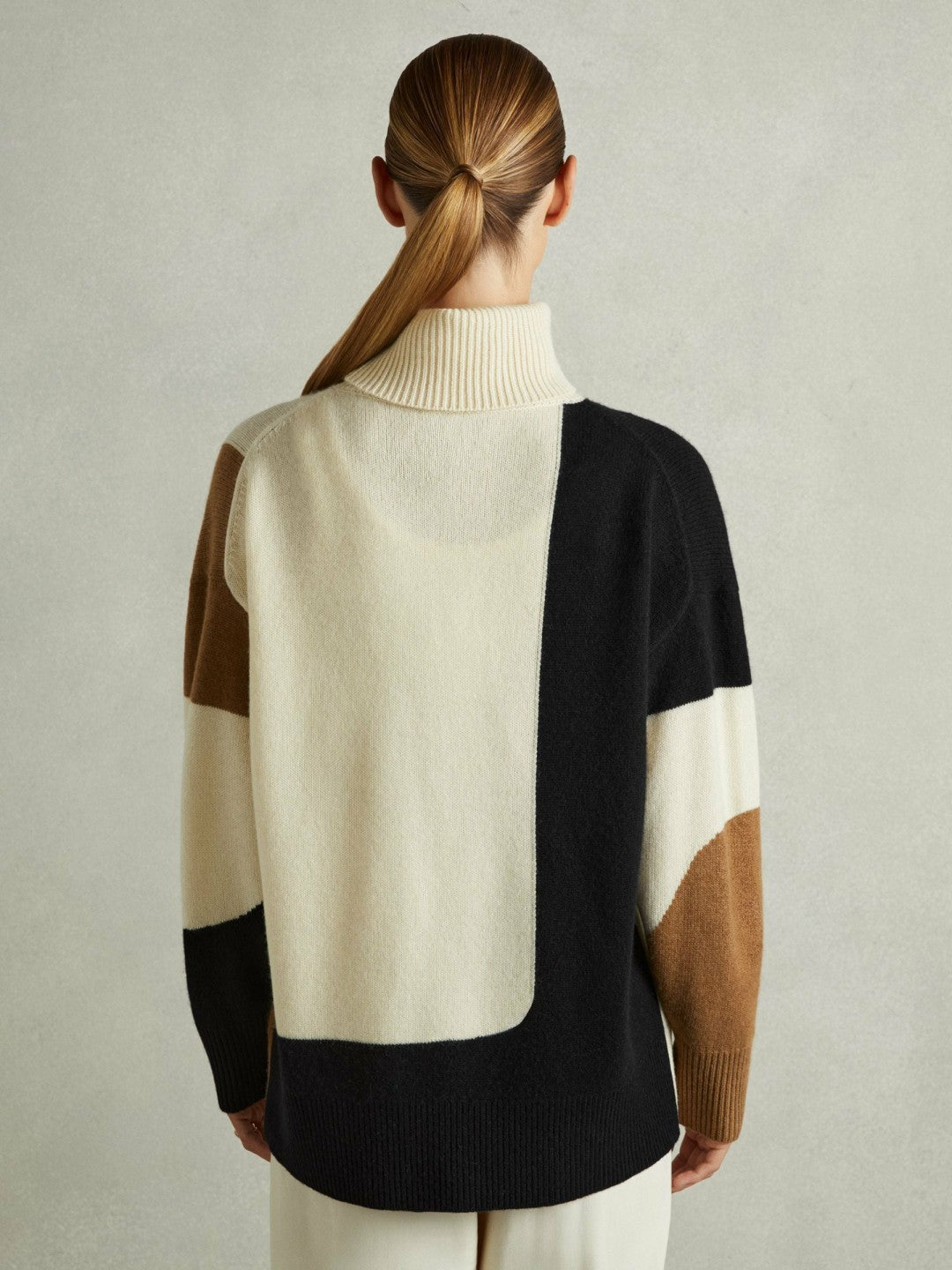 Women Wool-Cashmere Colourblock-Intarsia Jumper in Cream/Brown