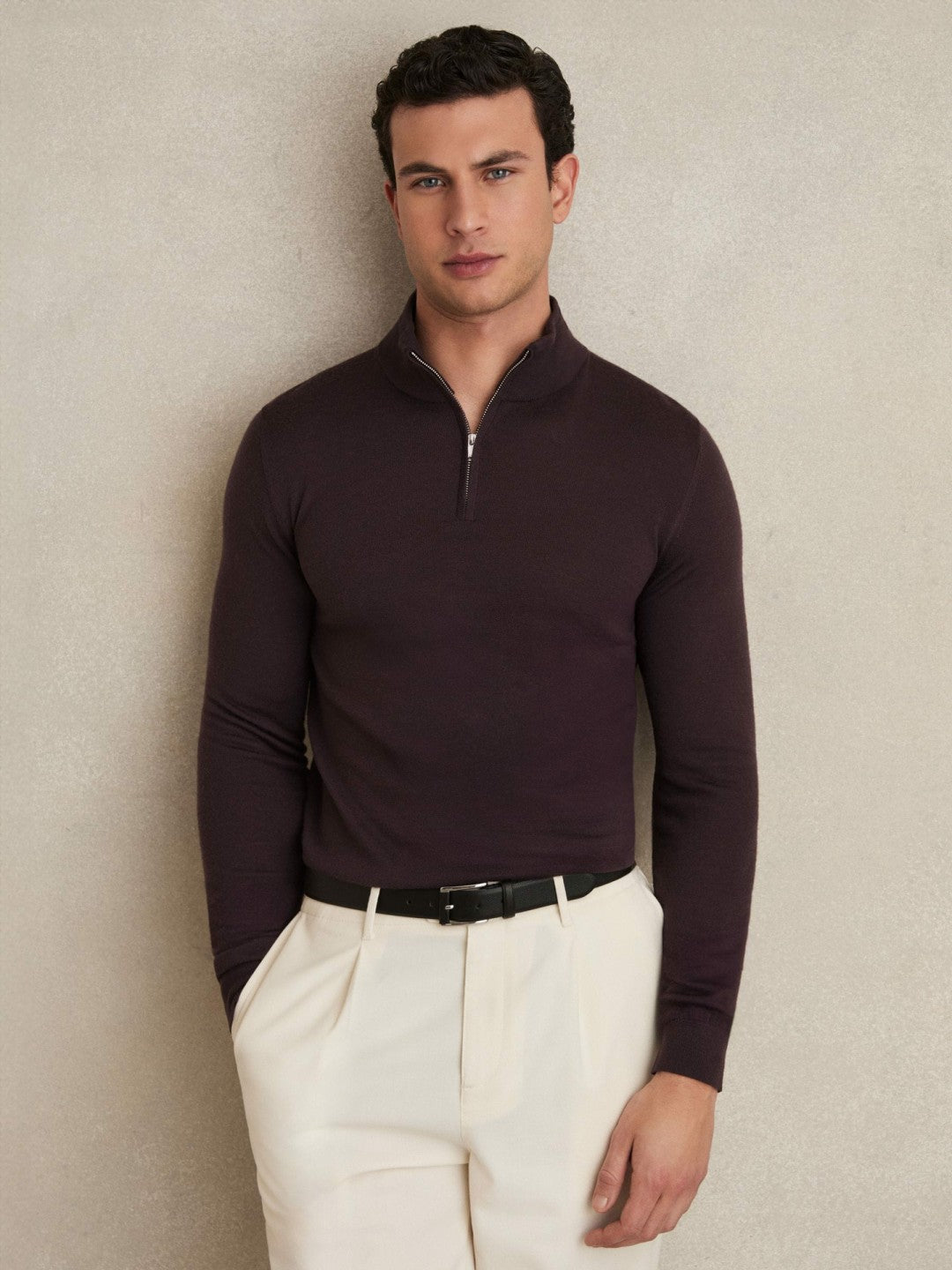 Men Merino Wool Half-Zip Jumper in Dark Bordeaux