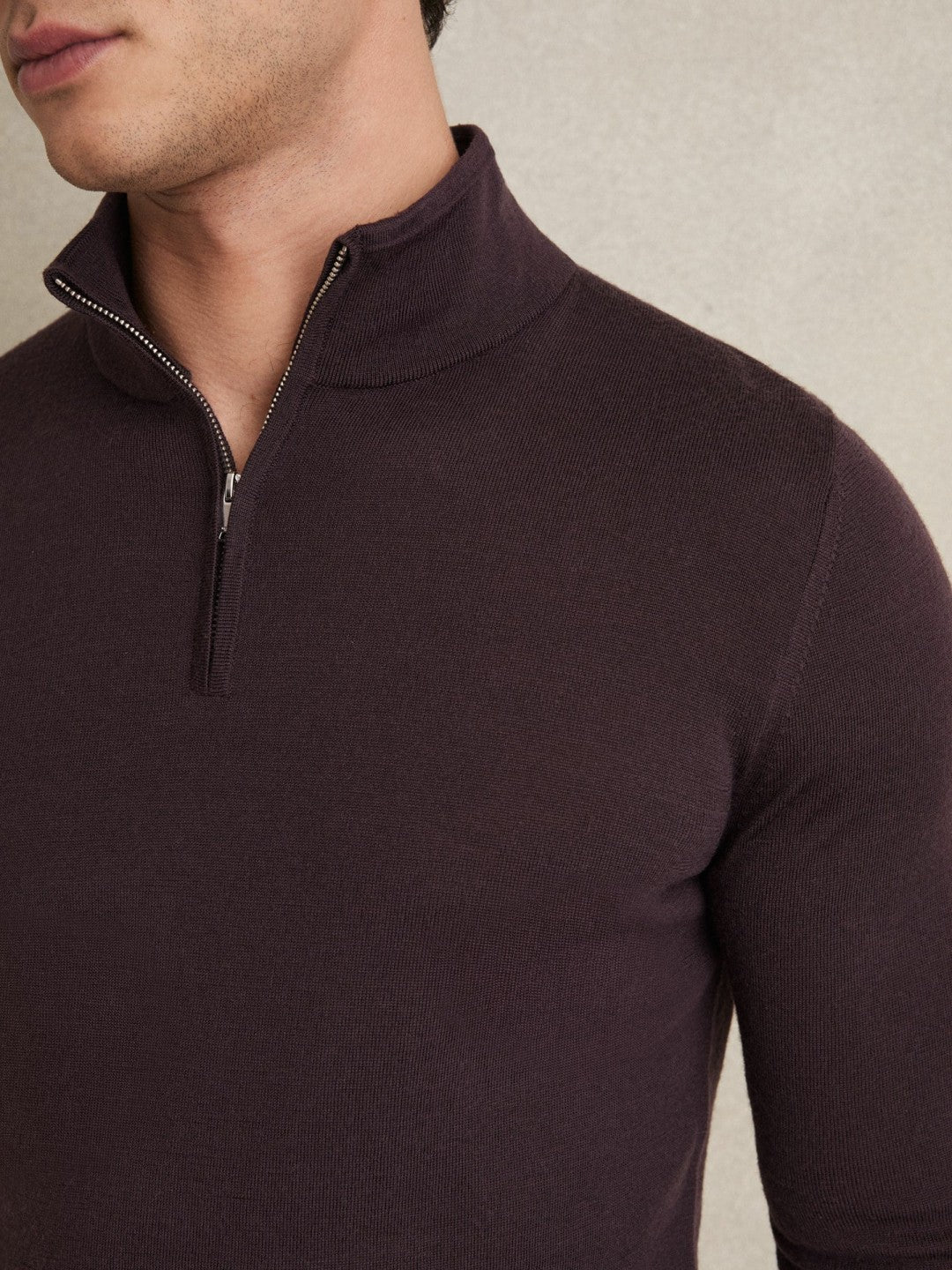 Men Merino Wool Half-Zip Jumper in Dark Bordeaux