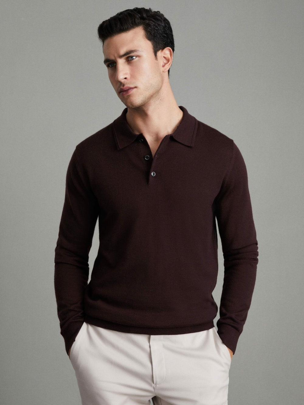 Men Merino Wool Polo Shirt in Dark Bordeaux