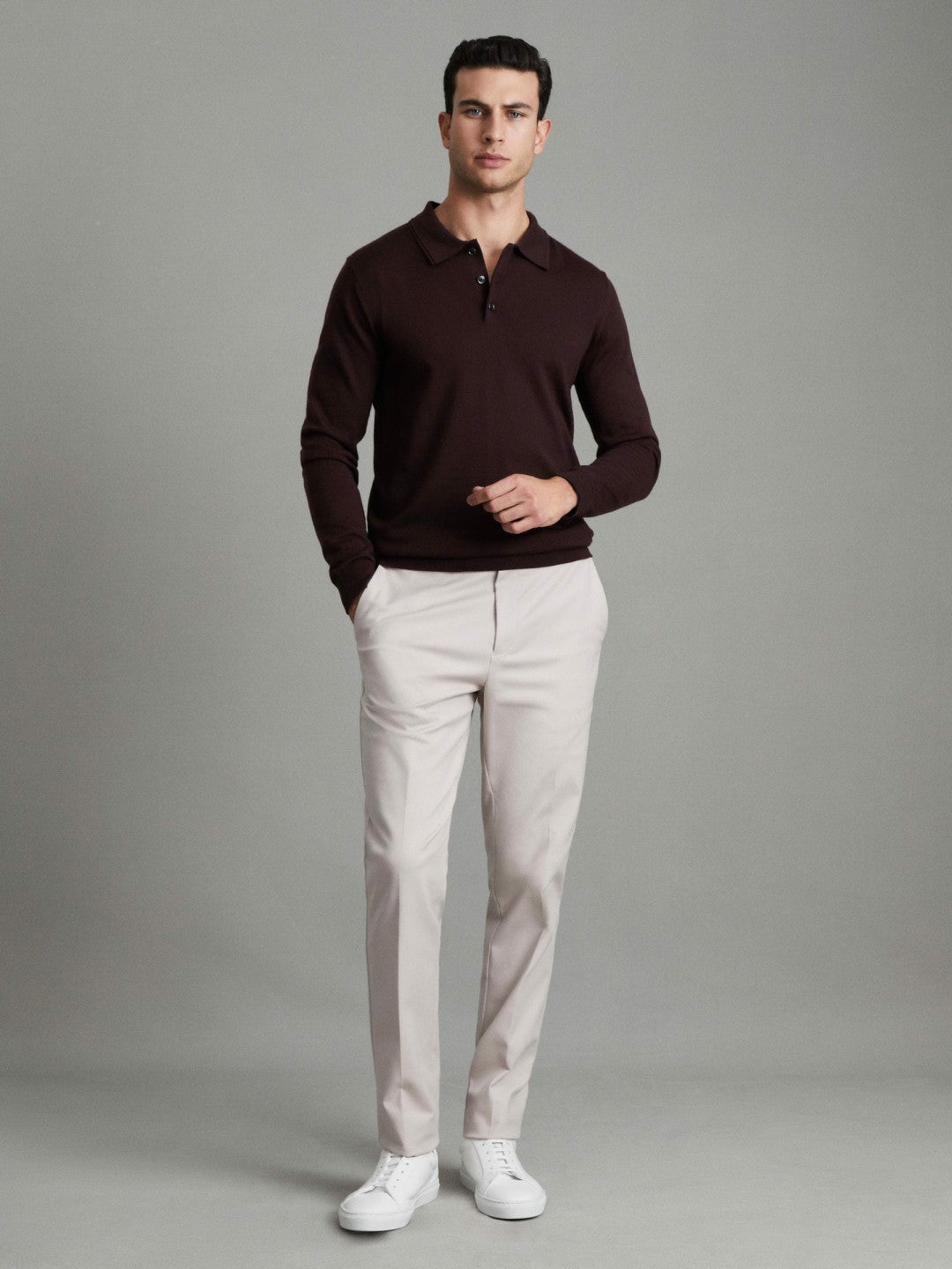Men Merino Wool Polo Shirt in Dark Bordeaux