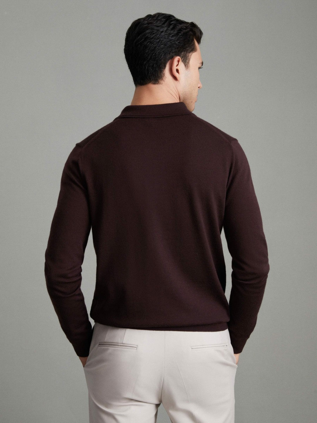 Men Merino Wool Polo Shirt in Dark Bordeaux