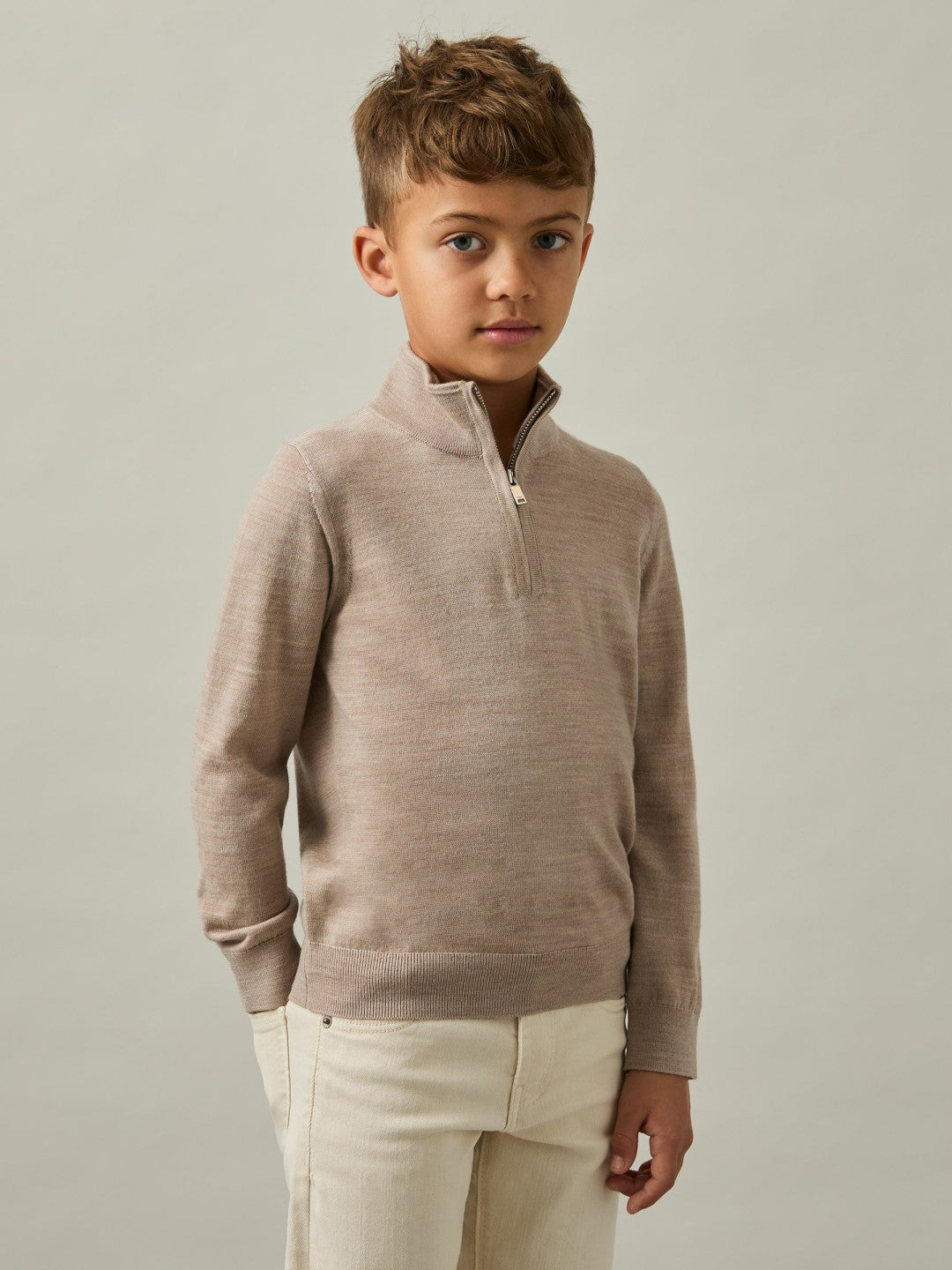 Children & Baby 3-9 yrs Merino Wool Half-Zip Funnel Neck Jumper in Wheat Melange