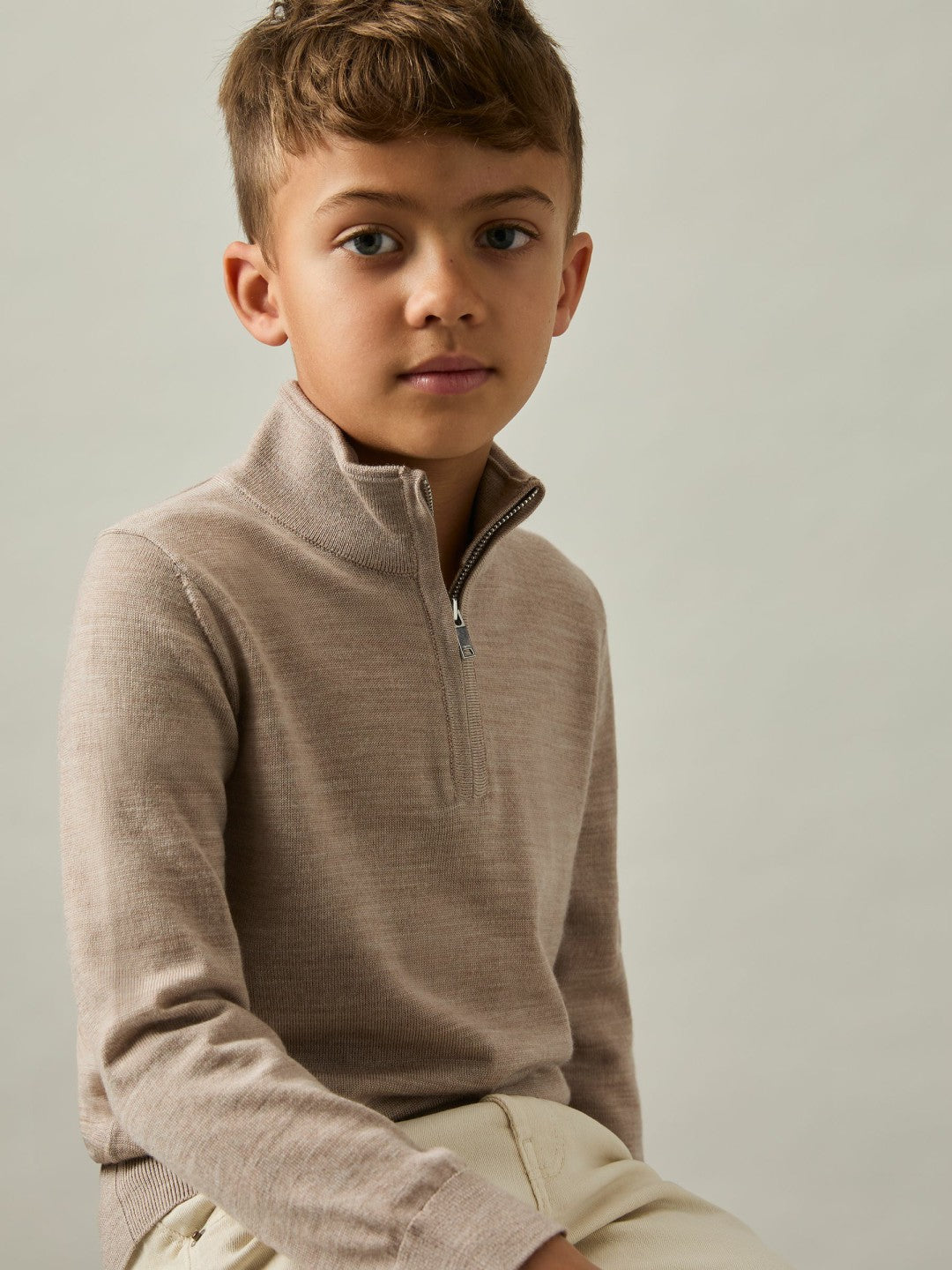 Children & Baby 3-9 yrs Merino Wool Half-Zip Funnel Neck Jumper in Wheat Melange