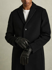 Men Leather Ribbed-Cuff Gloves in Black
