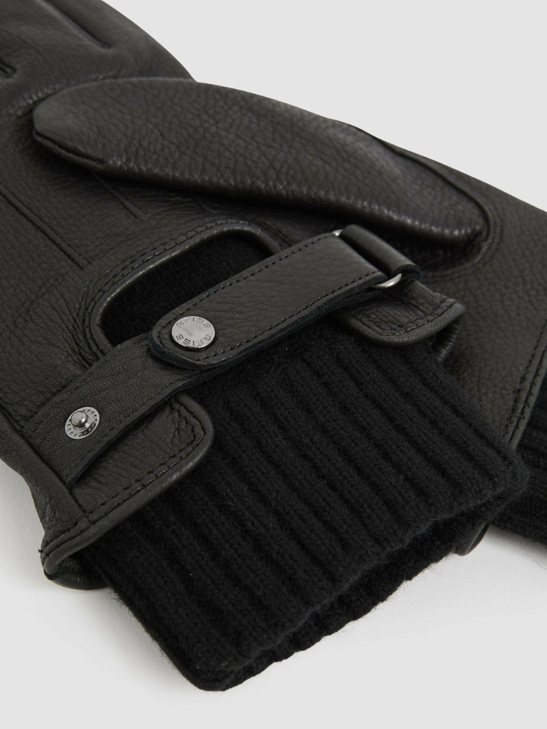 Men Leather Ribbed-Cuff Gloves in Black