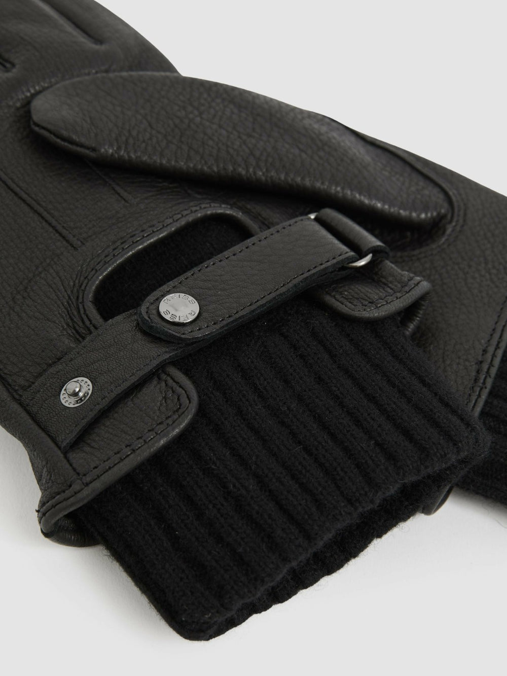 Men Leather Ribbed-Cuff Gloves in Black