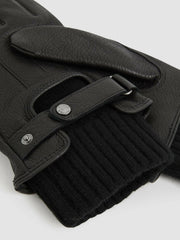 Men Leather Ribbed-Cuff Gloves in Black