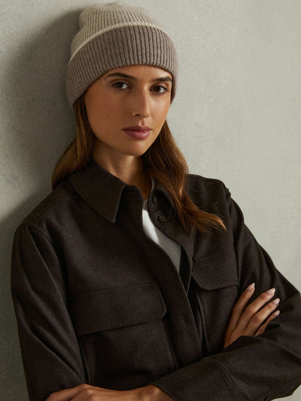 Women Wool Blend Tipped Beanie in Taupe